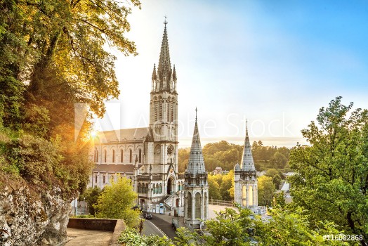 Picture of Rosary Basilica on sunset in Lourdes